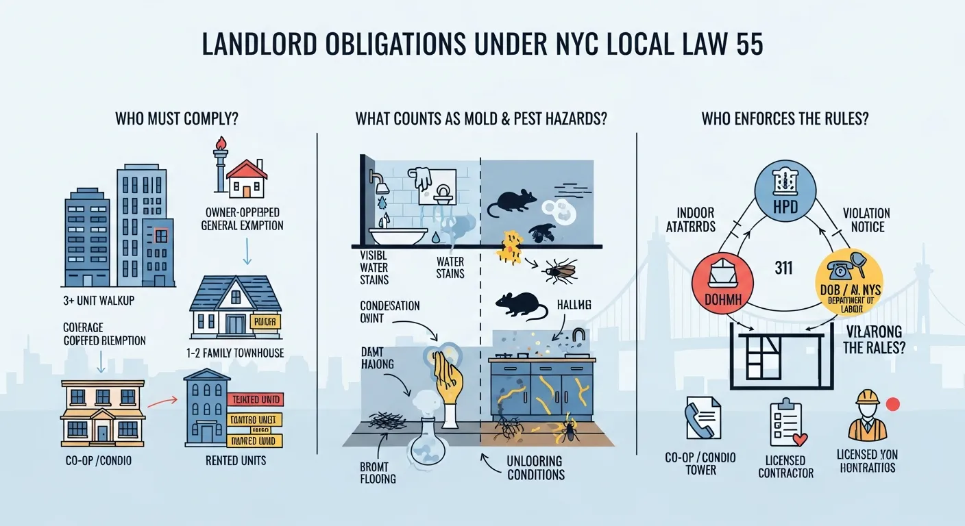 Infographic showing which NYC landlords must follow Local Law 55 on mold and pests.