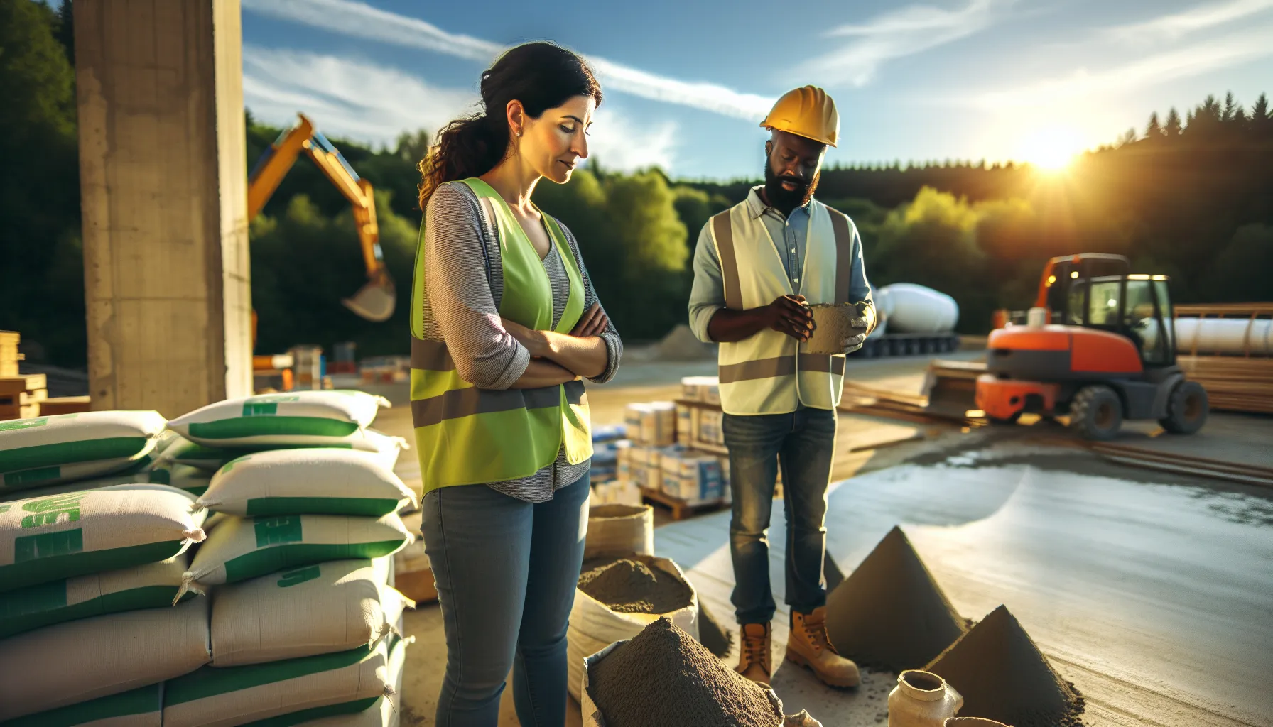a woman and man discussing eco-friendly construction materials at a site.