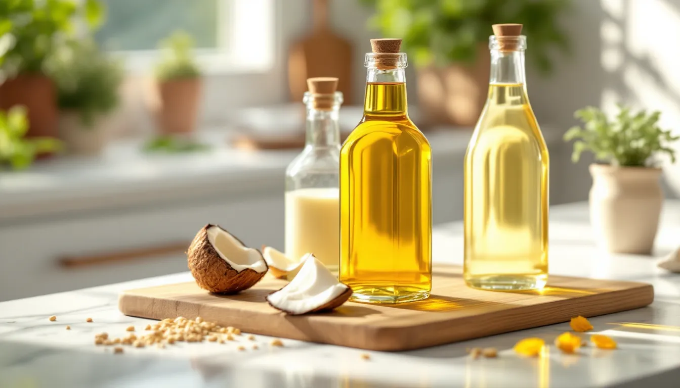 Three glass bottles of sesame, coconut, and safflower oil on a wooden board.