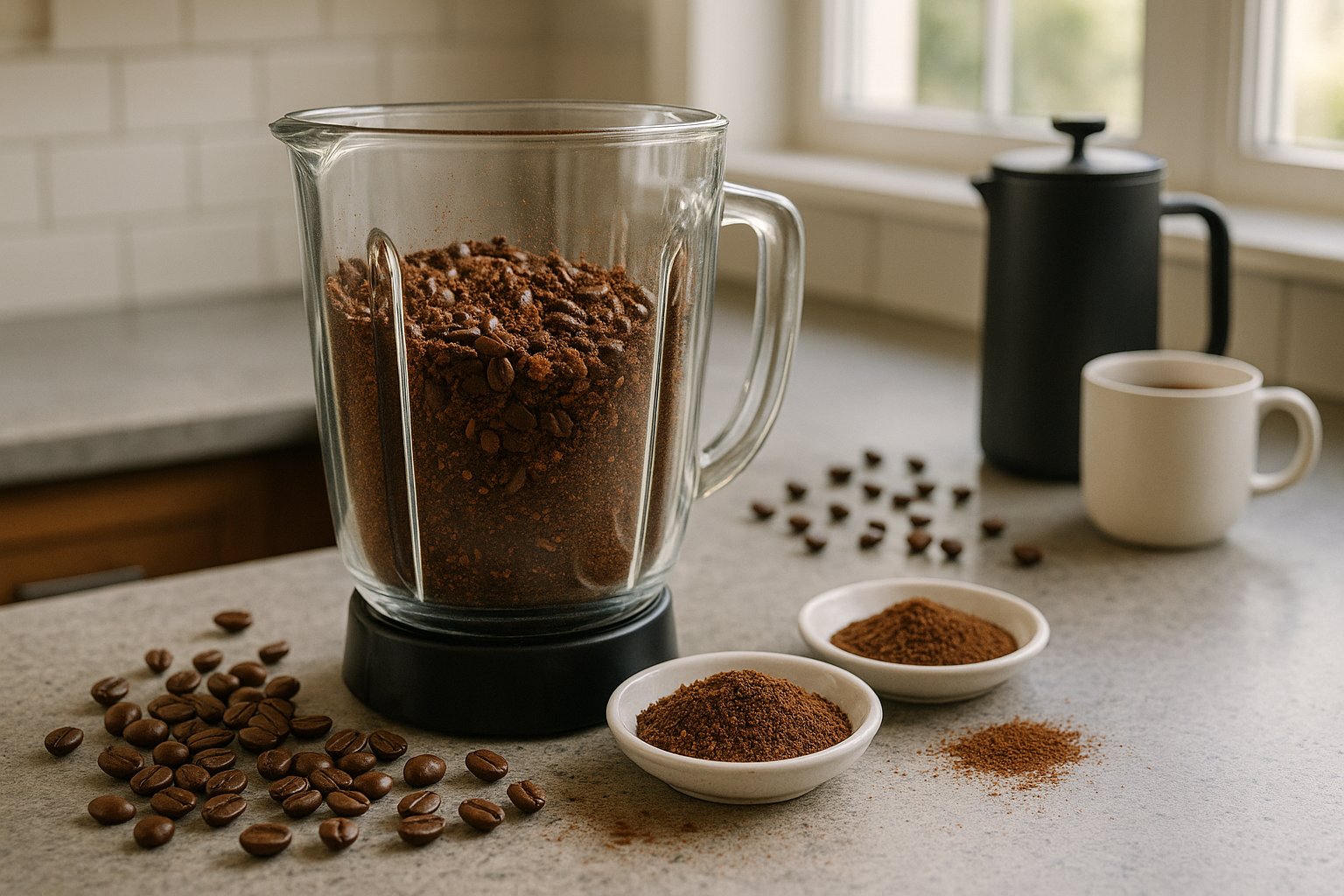 Blender-ground coffee with uneven grounds beside brewing tools in a home kitchen.