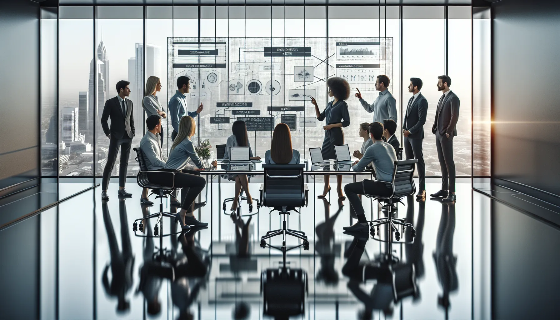 IT professionals discussing a network management system in a modern office.