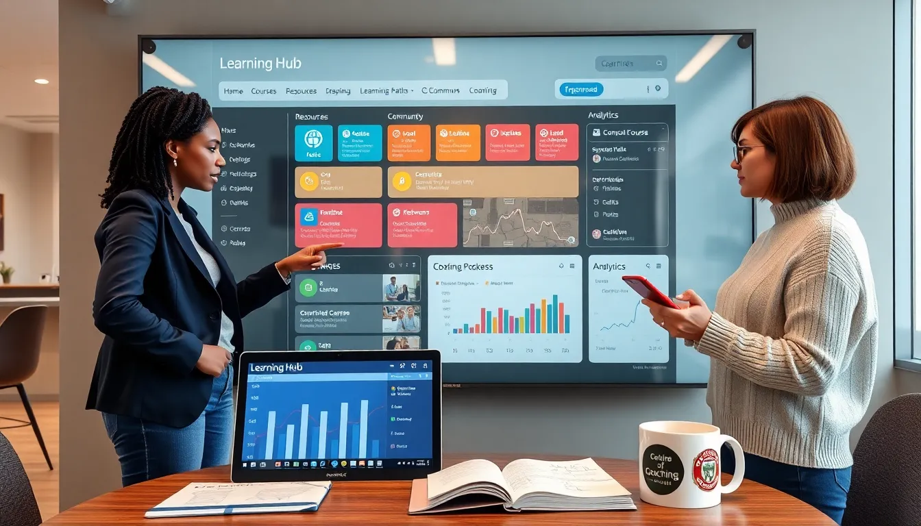 Professionals using a large interactive learning hub dashboard in a bright office.