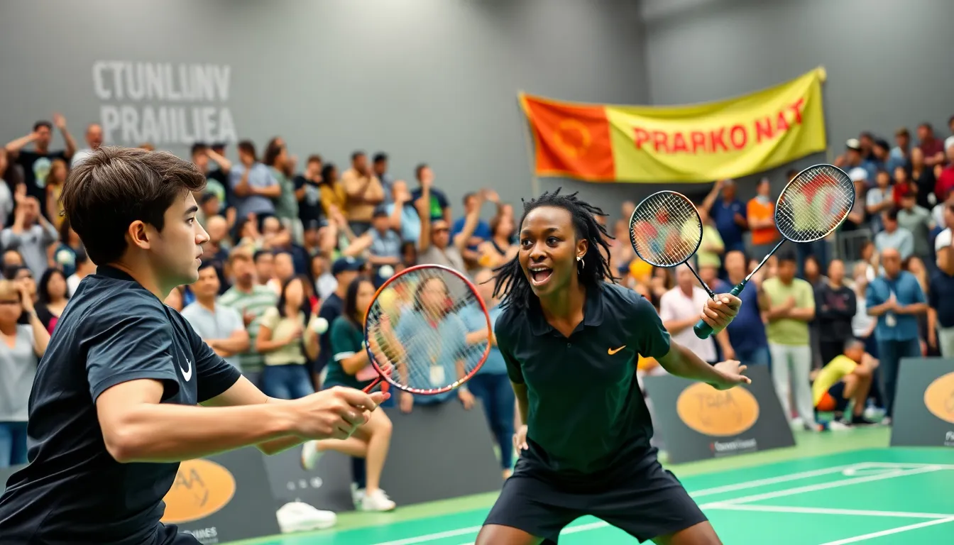 players competing in a badminton match with enthusiastic spectators.