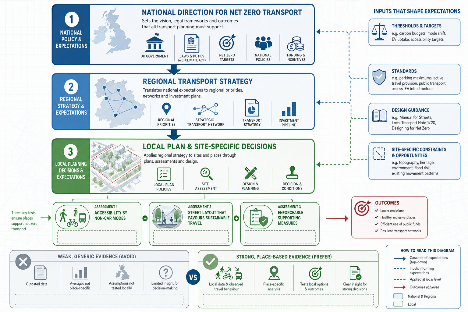 UK planning hierarchy for net zero transport decisions and local site tests.