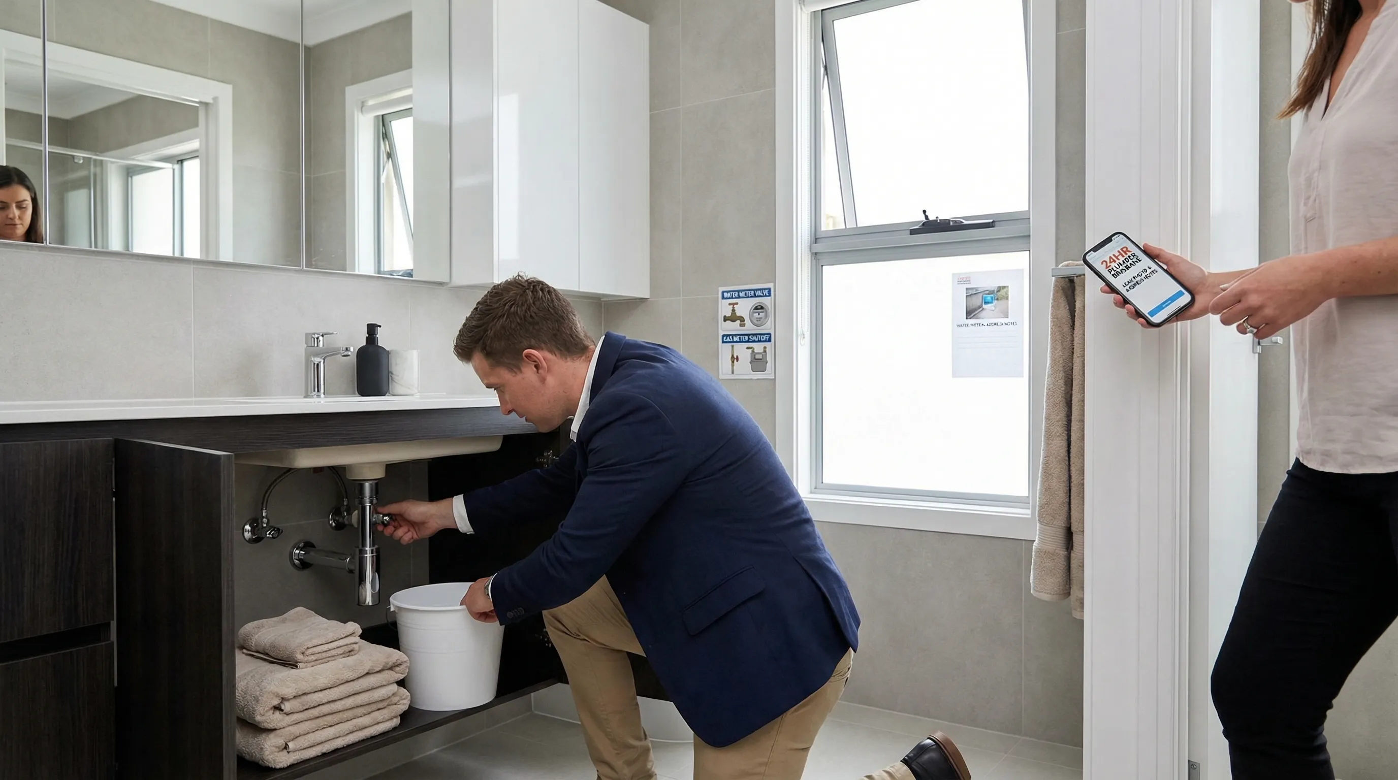 Homeowner shuts off water valve while preparing details for emergency plumber.