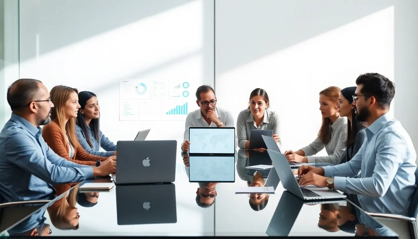 diverse team discussing innovative strategies in a modern conference room.