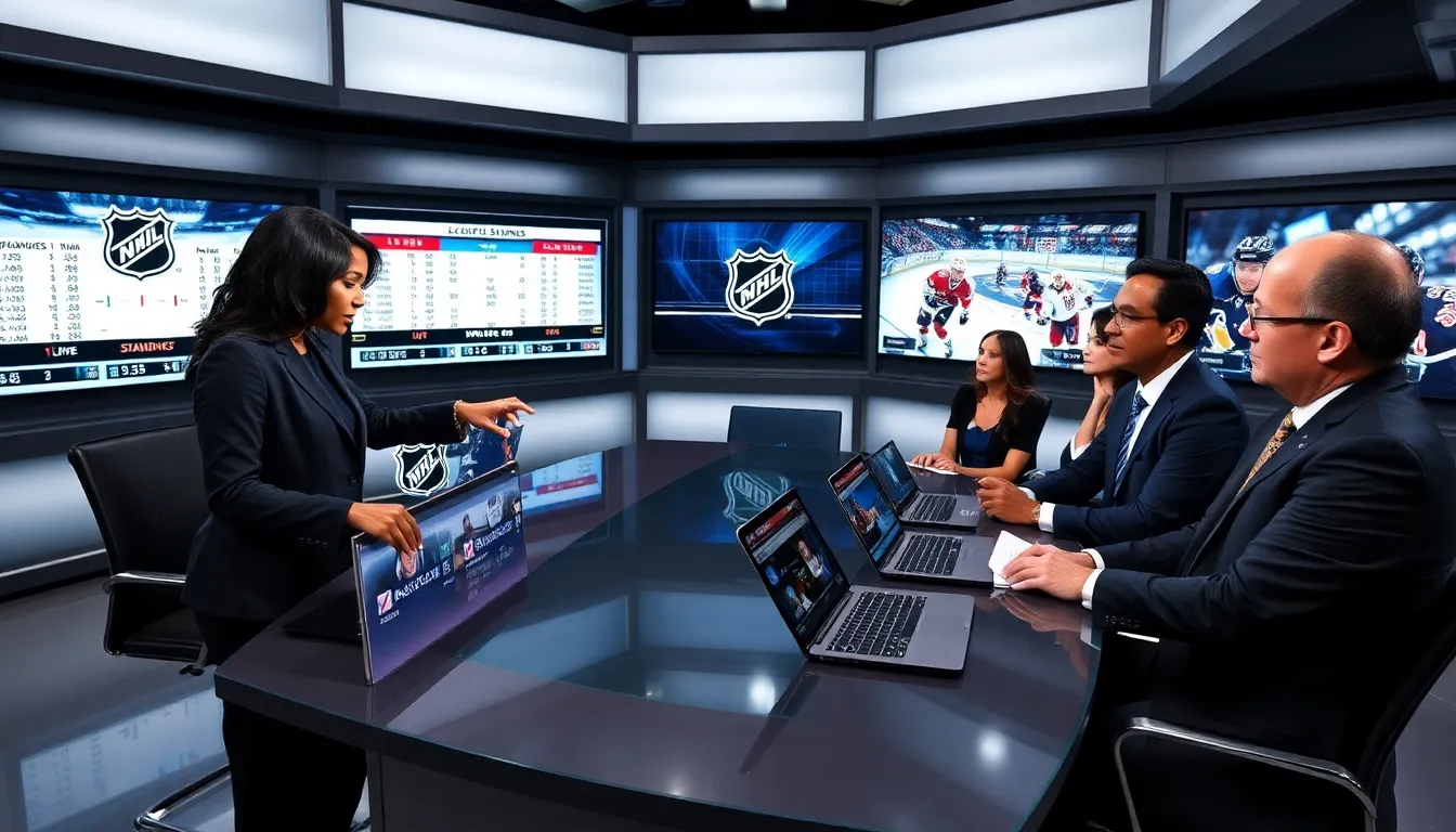 sports analysts discussing NHL standings in a modern newsroom.