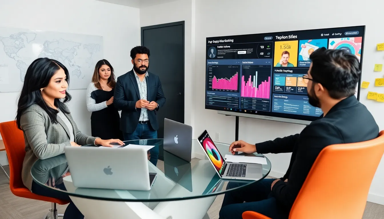 diverse team strategizing mobile app marketing in a modern office.