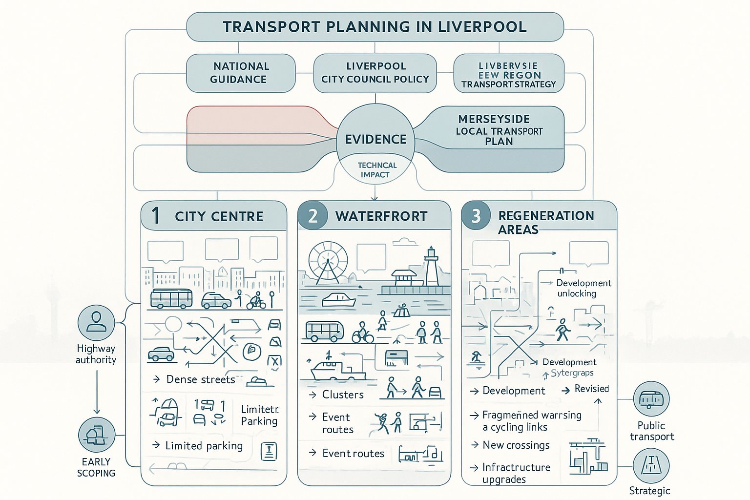 Infographic showing Liverpool transport planning factors across city centre, waterfront, and regeneration sites.