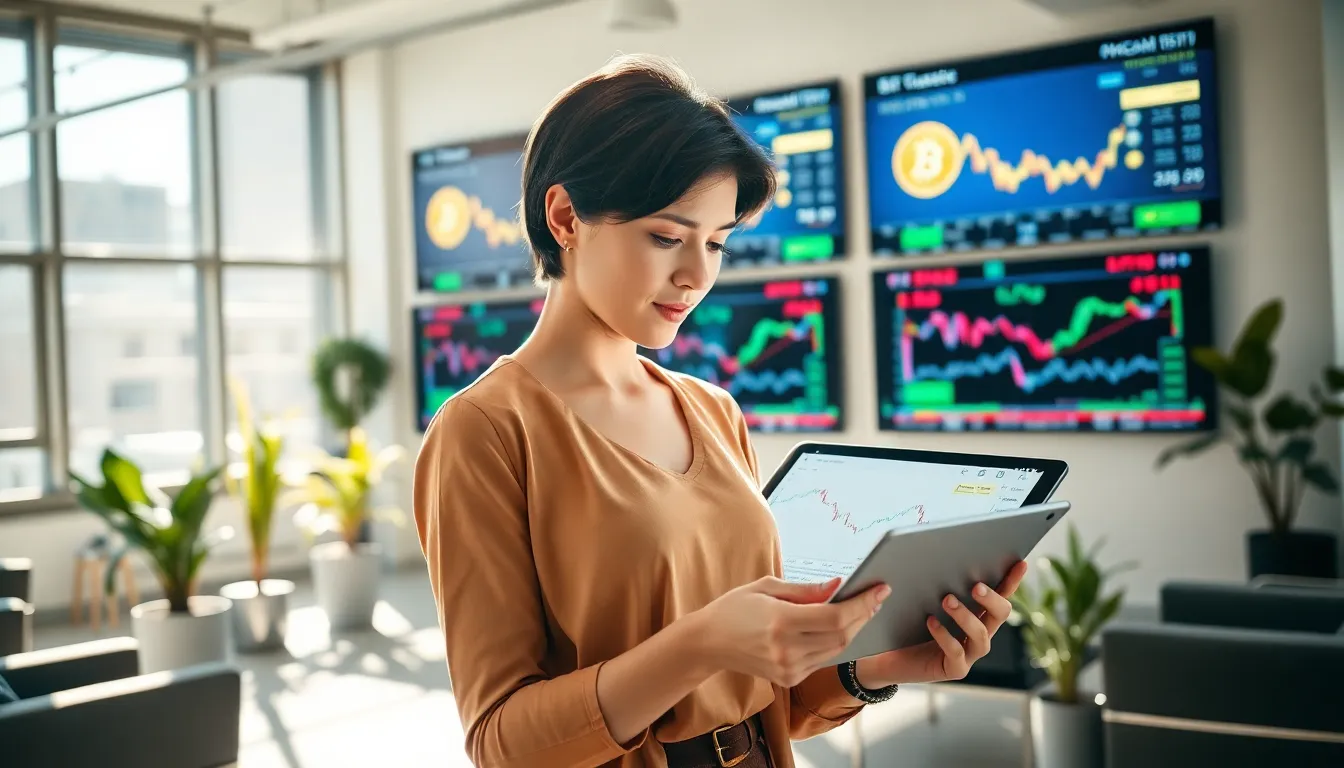 a woman analyzing Bitcoin Bitclassic data on a tablet in a modern office.
