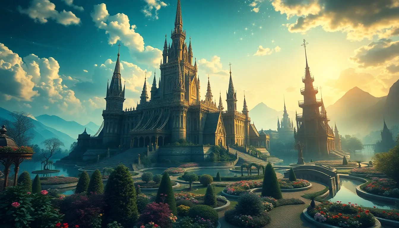 fantasy castle in an enchanting landscape with magical elements.