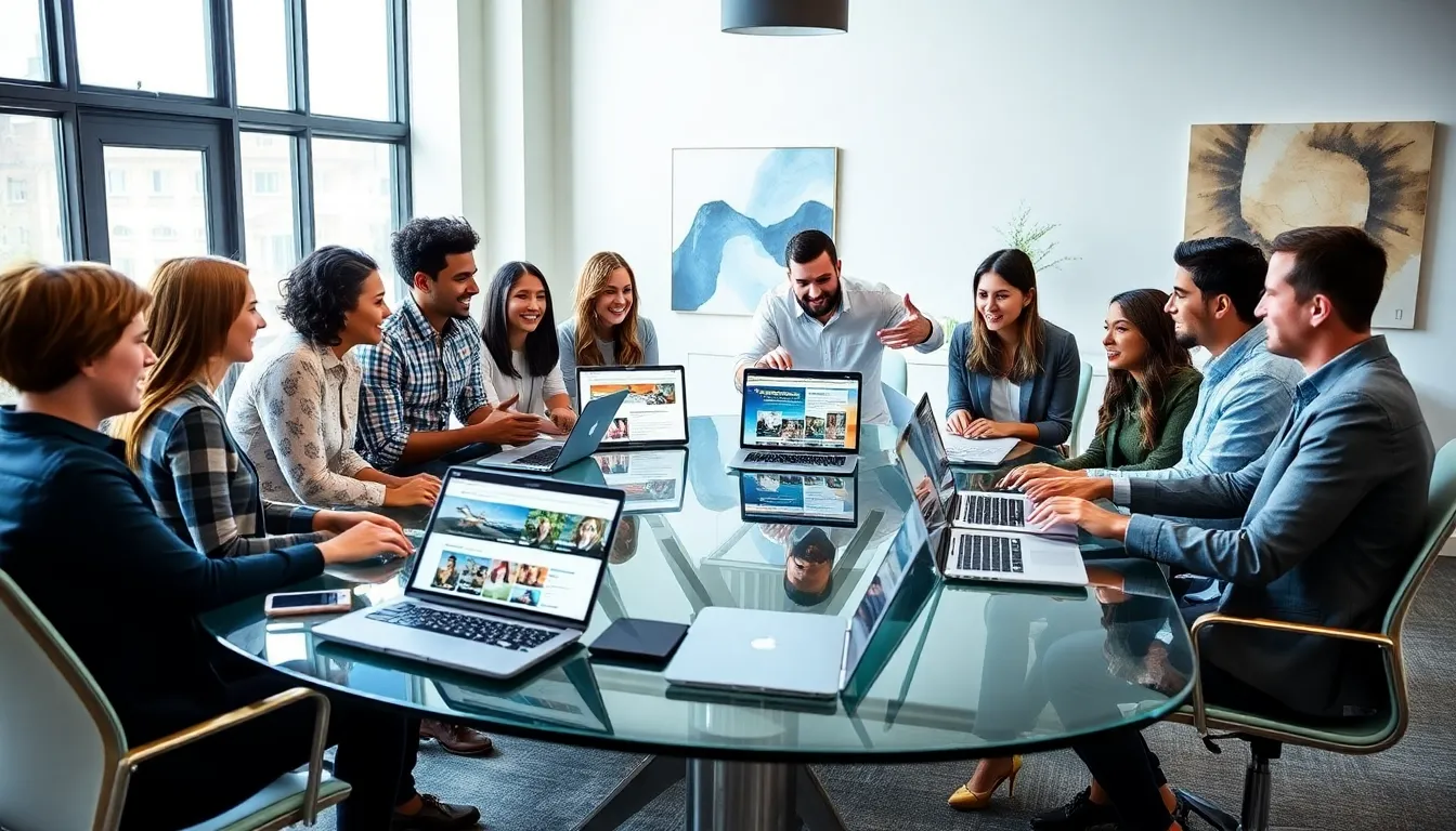 professionals collaborating on website design in a modern office setting.