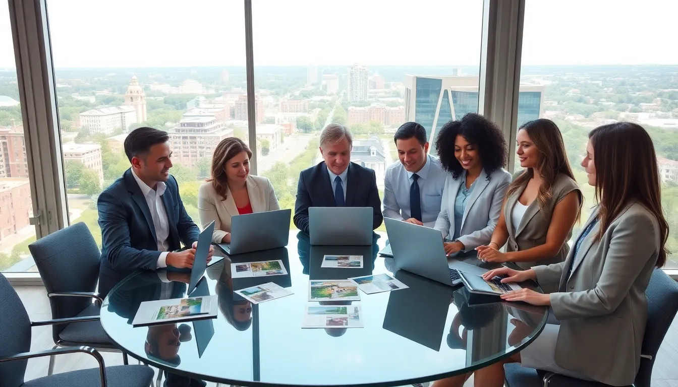 diverse professionals discussing real estate in a modern office.