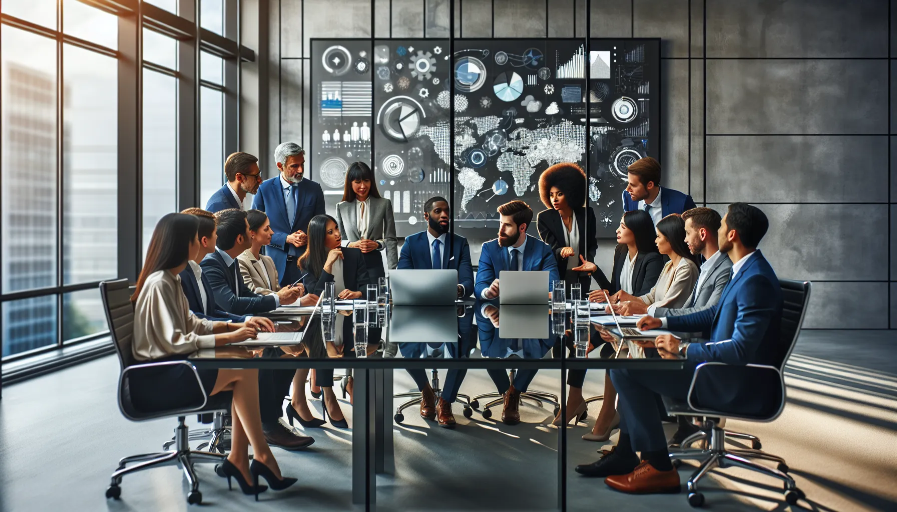 diverse professionals collaborating in a modern office setting.
