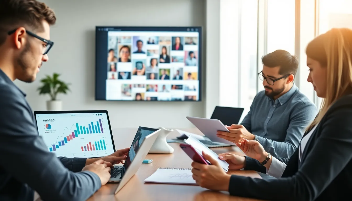diverse team analyzing social media impressions in a modern office.
