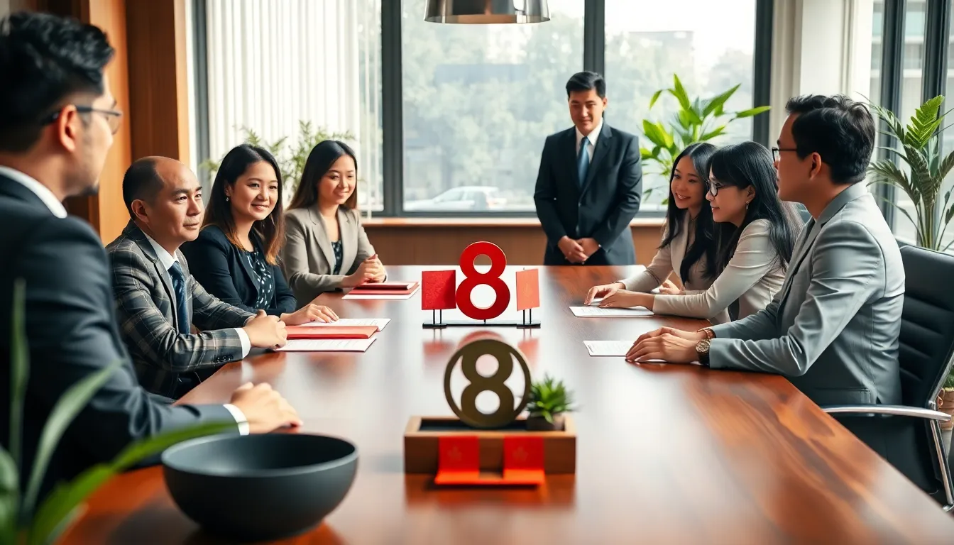 diverse team discussing Chinese cultural significance in a modern office.