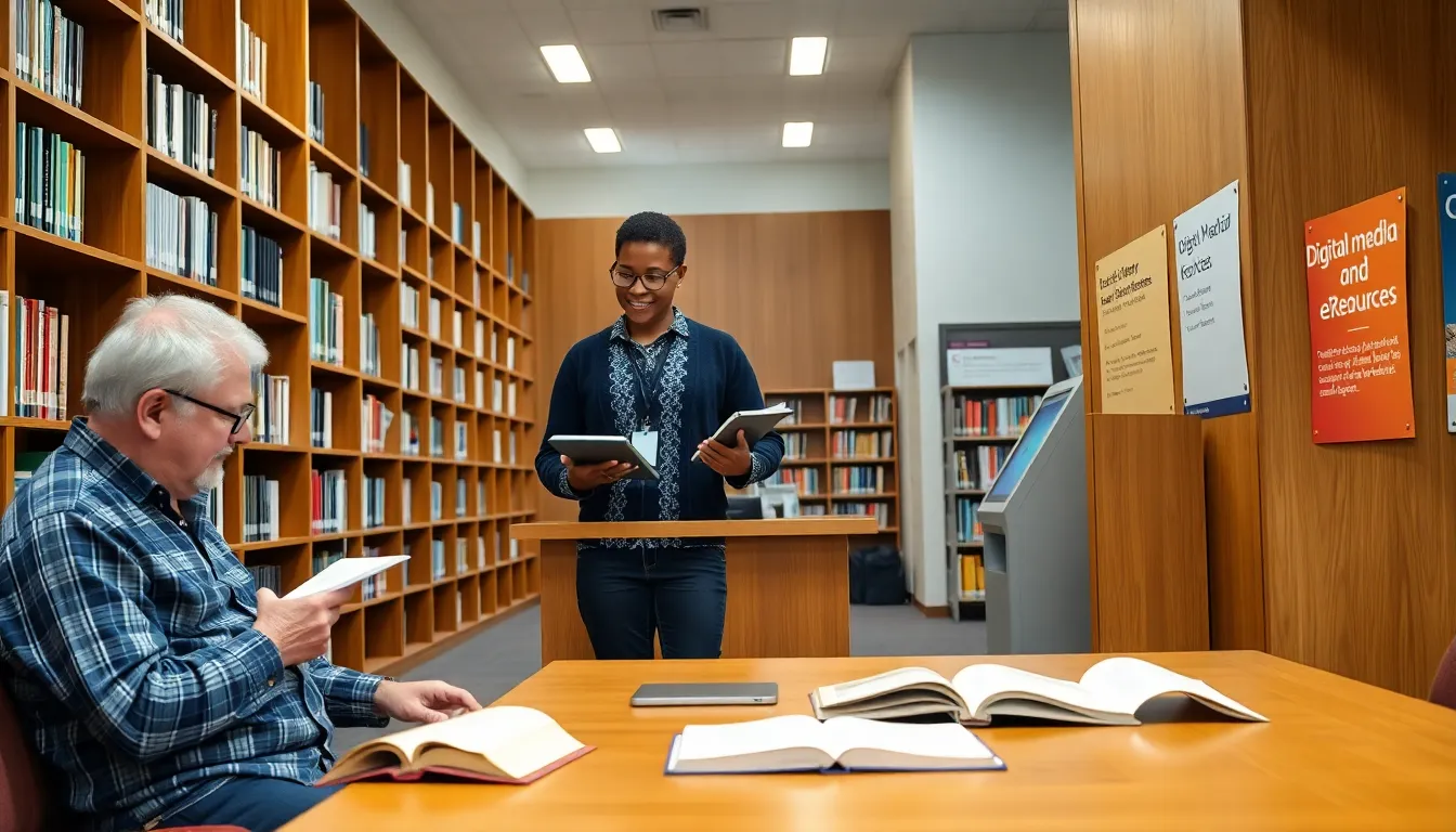 Librarian helping a patron with a tablet amid shelves and study tables.