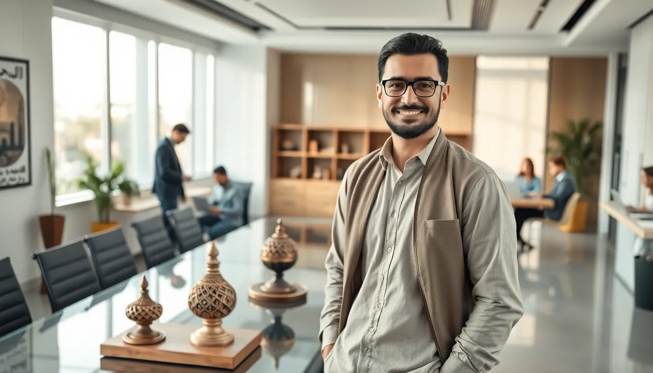 محمد عبدالسلام in a modern office blending cultural heritage with contemporary professionalism.