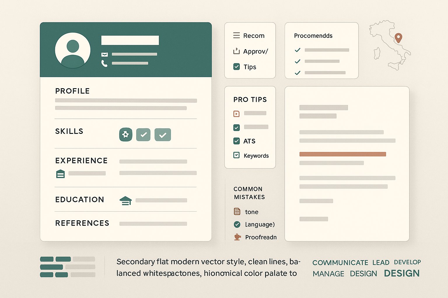 Infografica divisa di un CV di una pagina e una breve lettera di presentazione con indicazioni italiane.