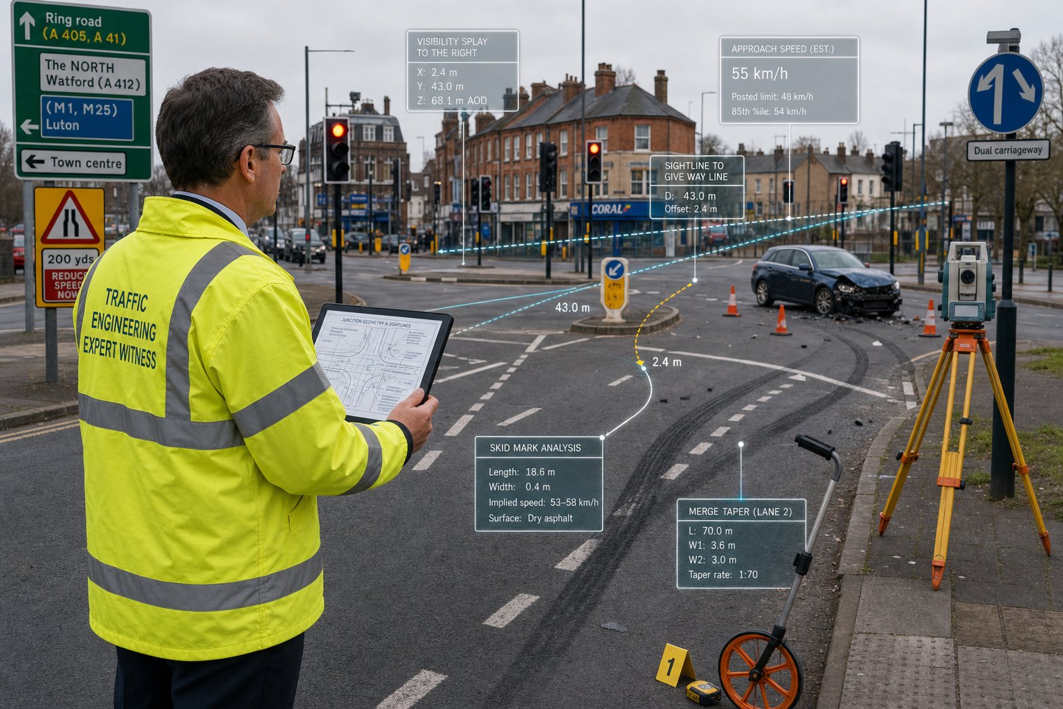 Traffic engineering expert assessing a UK road junction for collision liability.