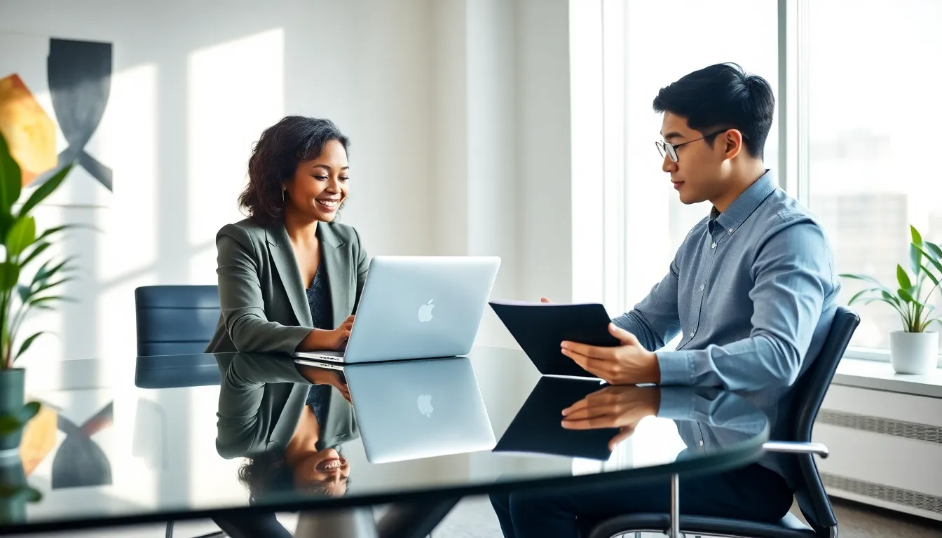 a career coach guiding a client in a modern office setting.