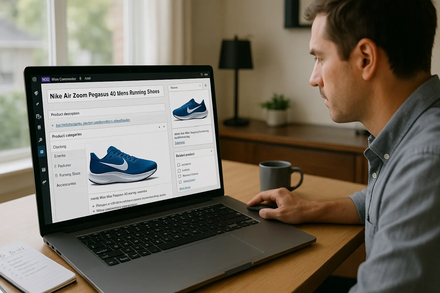 Person optimizing a WooCommerce product page with SEO-focused titles, images, and categories.