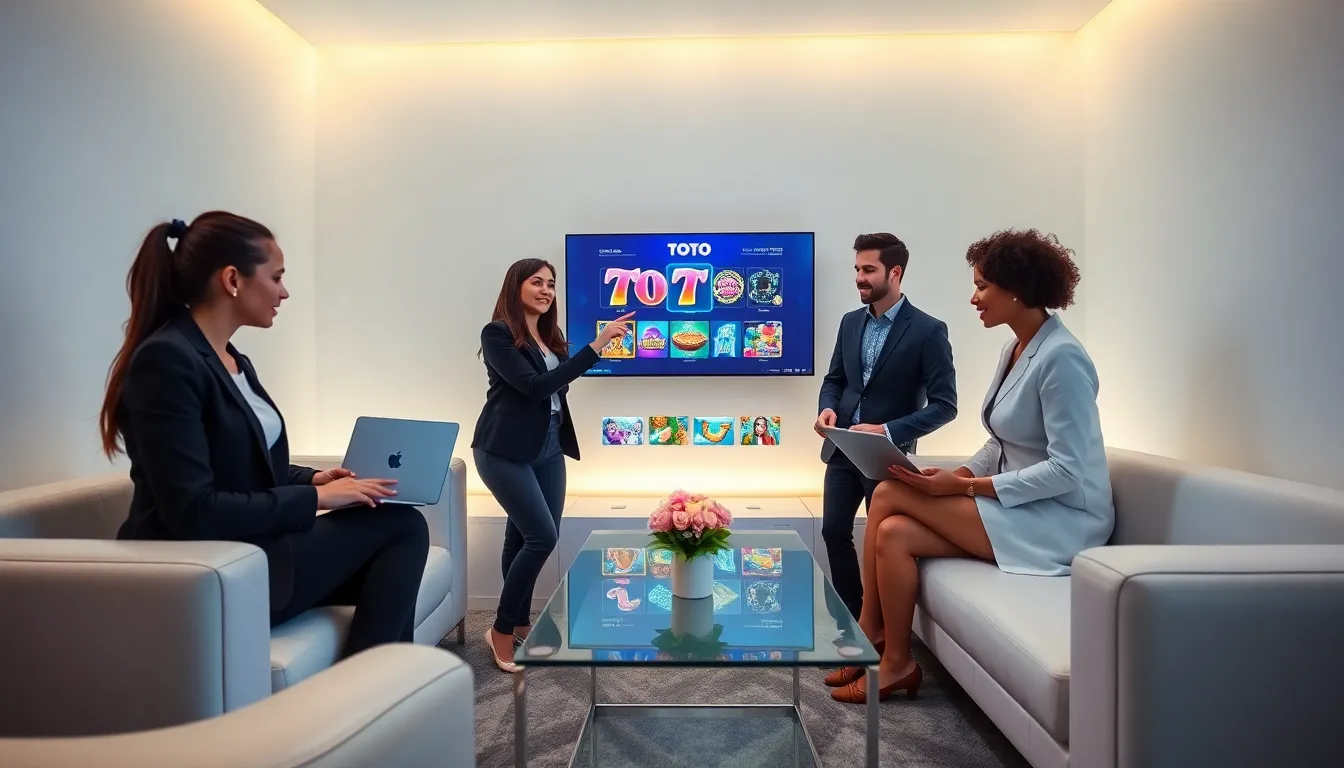 diverse professionals analyzing Toto slot mechanics in a modern gaming room.