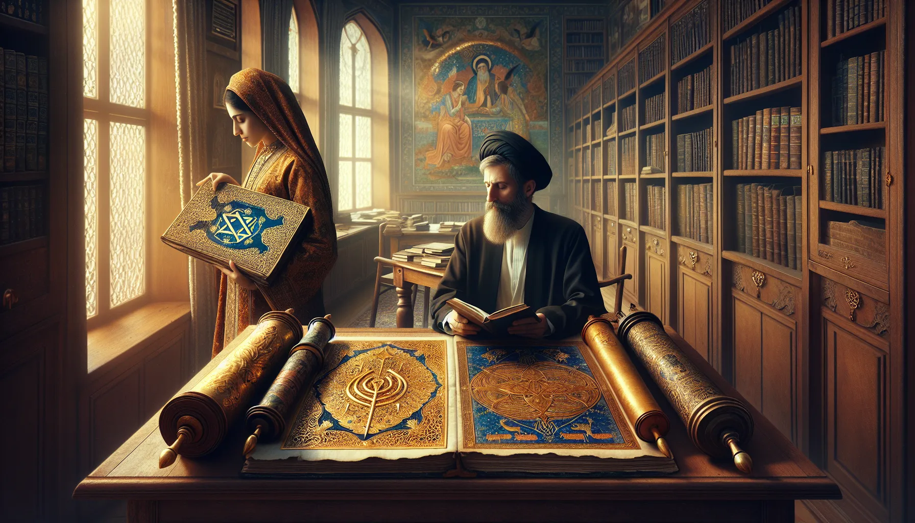 a Persian scholar and a Jewish woman sharing ancient texts and cultural traditions.