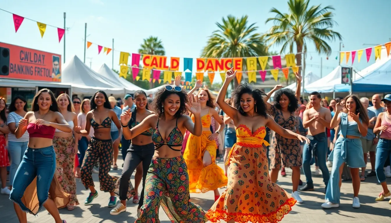 diverse group dancing at a vibrant festival.