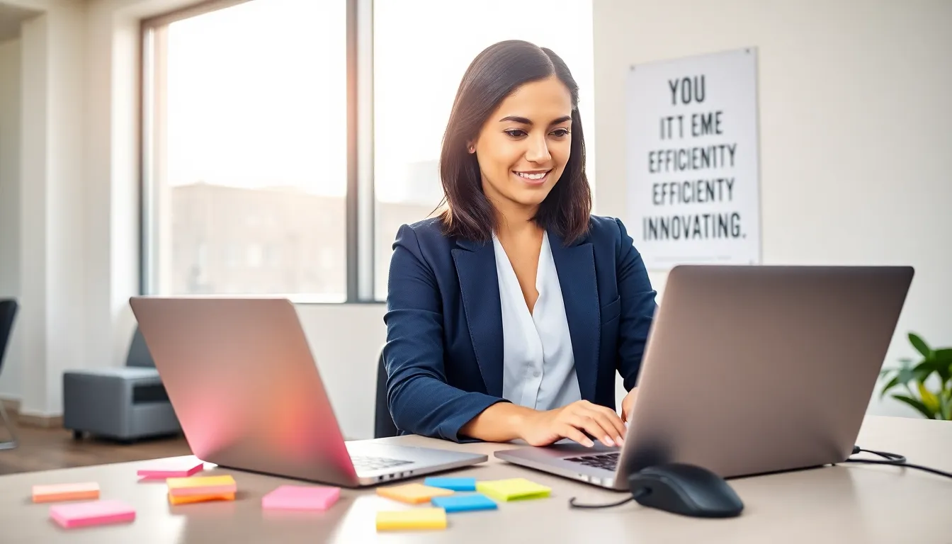 A young woman working with a laptop in a modern office.