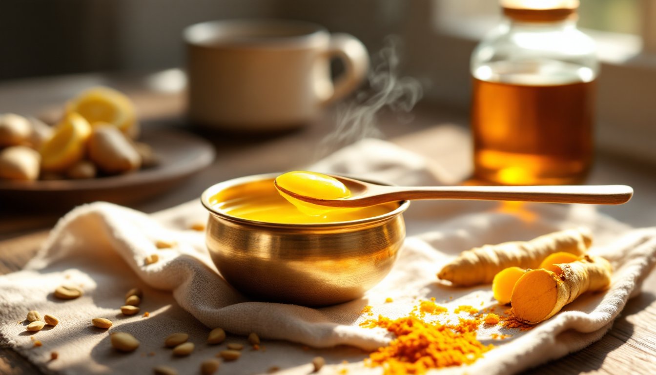 Golden ghee in a brass bowl with ginger, turmeric, and warm water nearby.