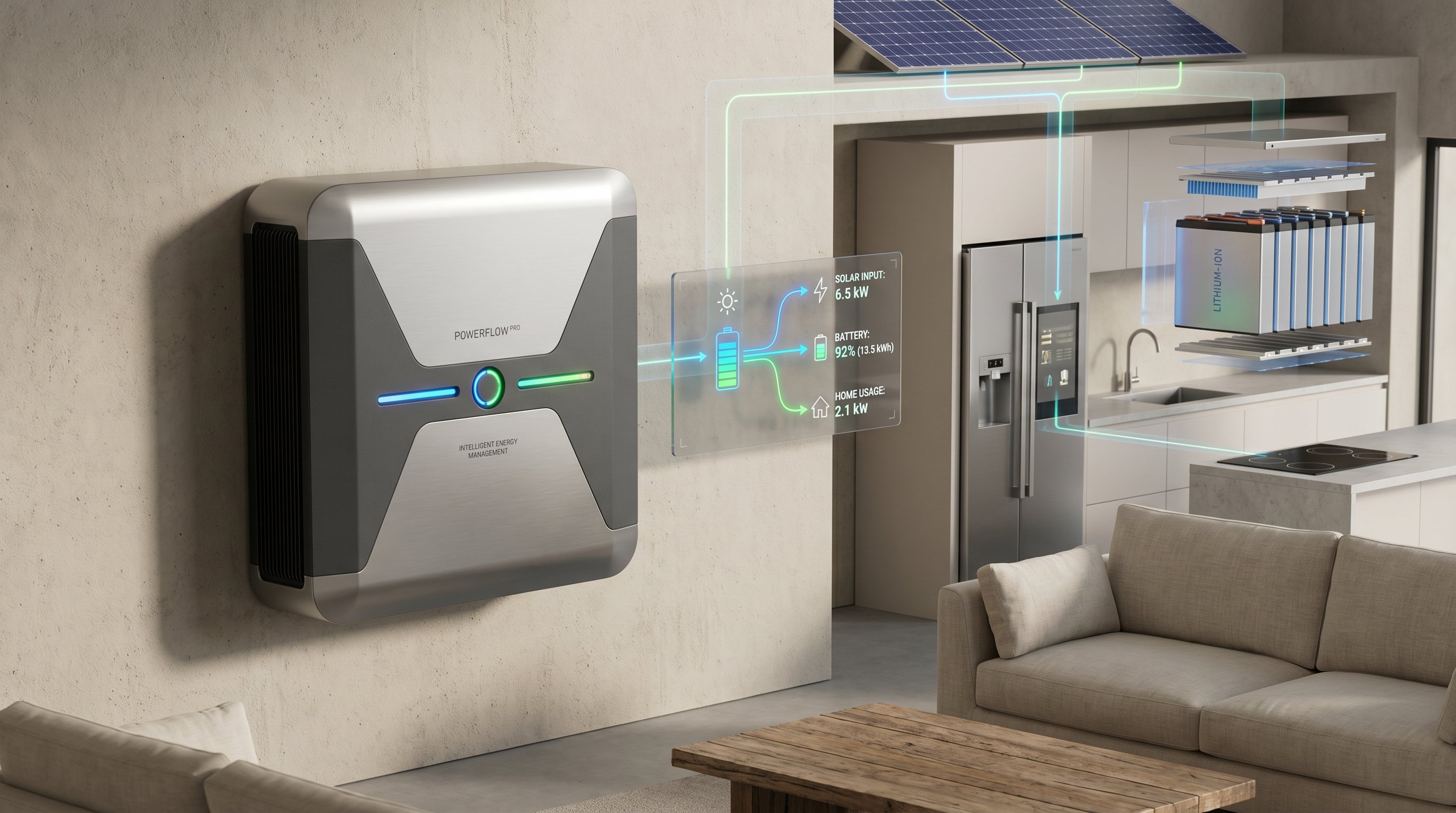 3D render of modern wall-mounted home battery storage system in residential setting