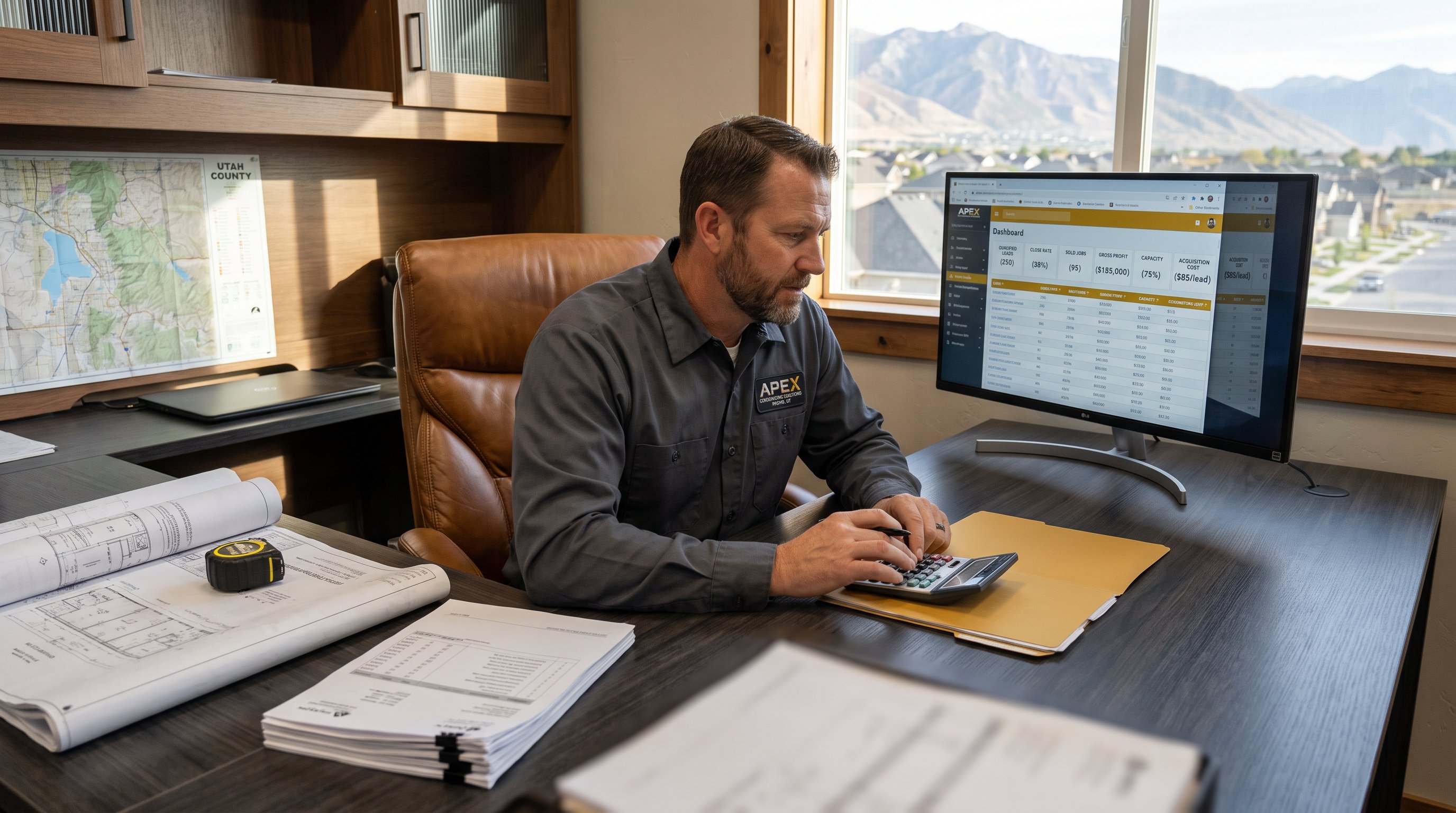 Utah contractor reviewing lead costs, close rates, and gross profit on a business dashboard.