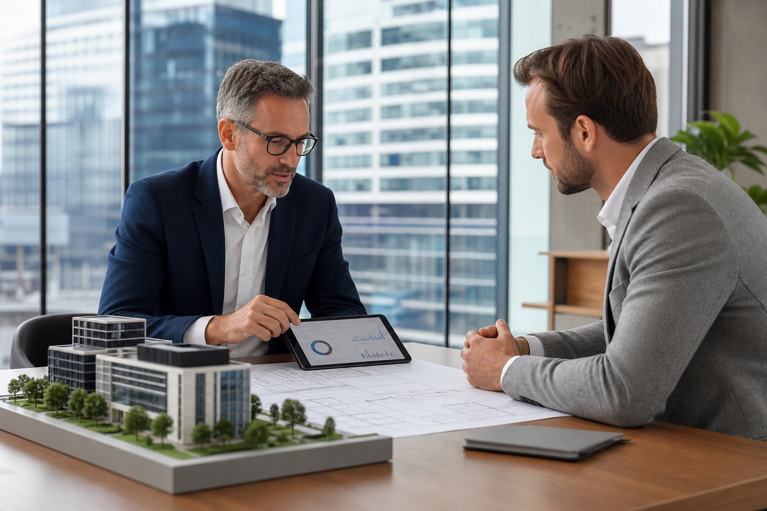 Financial advisor and commercial property investor reviewing plans and financial data in a modern office with a city business district view.