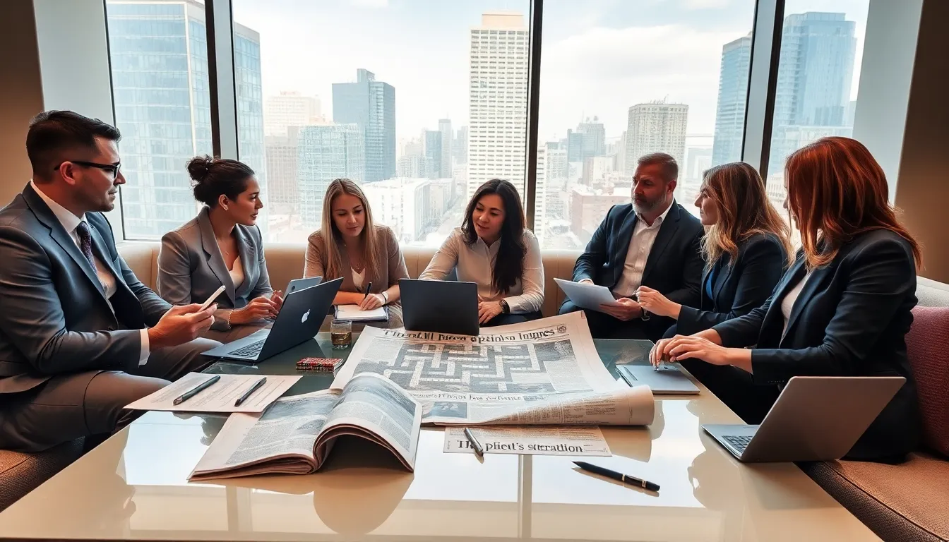 diverse professionals collaborating on a crossword puzzle in a modern office.