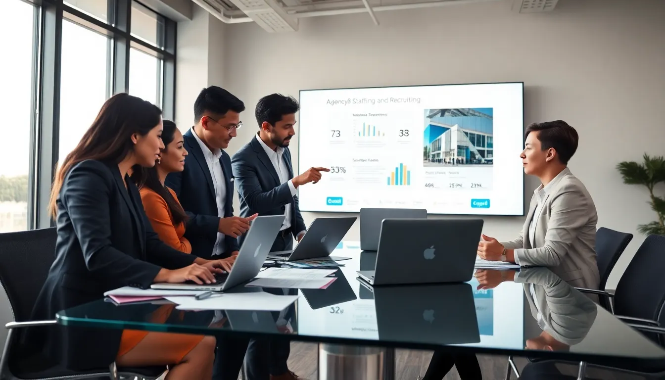 diverse team collaborating in a modern office for staffing solutions.