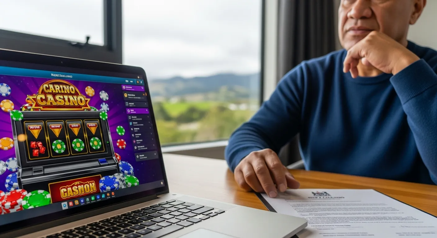 Man at laptop viewing online casino site with New Zealand legal documents nearby.