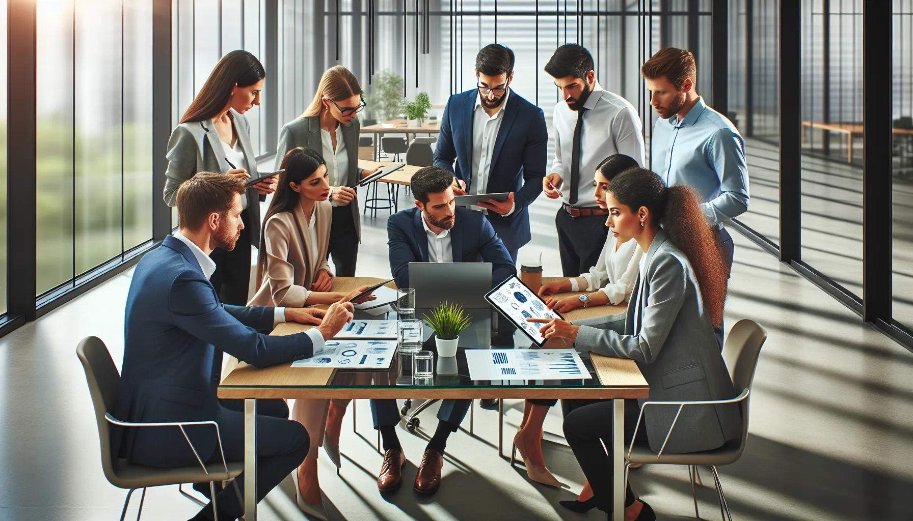 diverse team collaborating on strategies in a modern office.