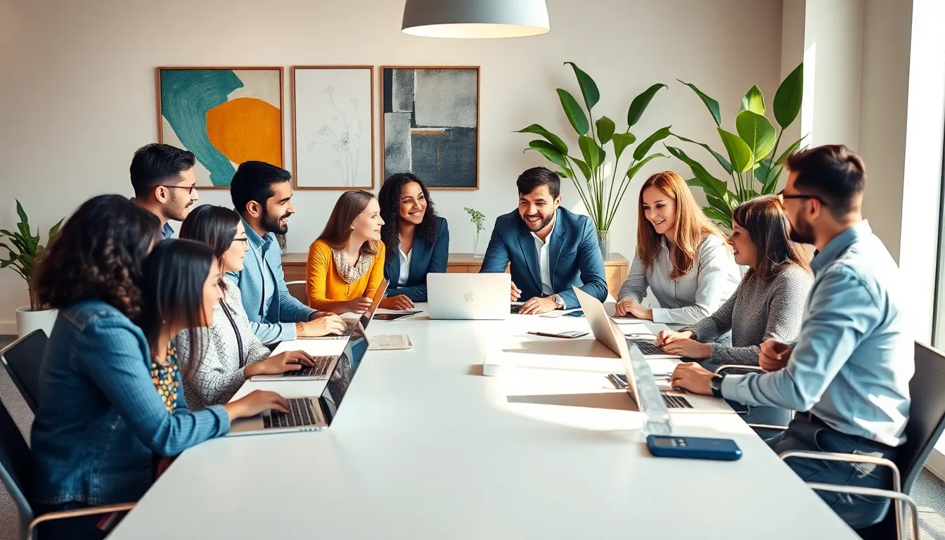diverse professionals collaborating in a modern office setting.
