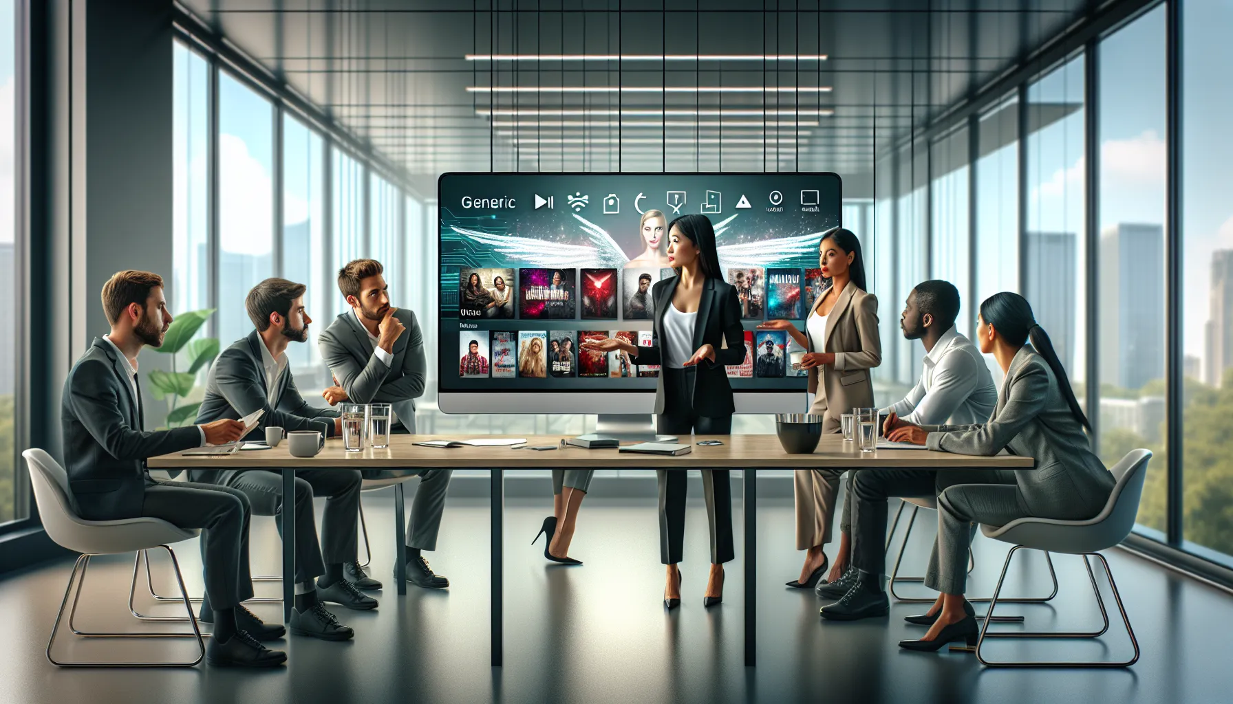 diverse team discussing Allmovieshub Org in a modern office.