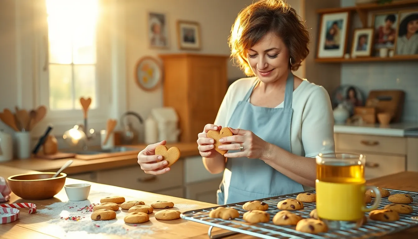 A woman baking heart-shaped cookies in a cozy kitchen.