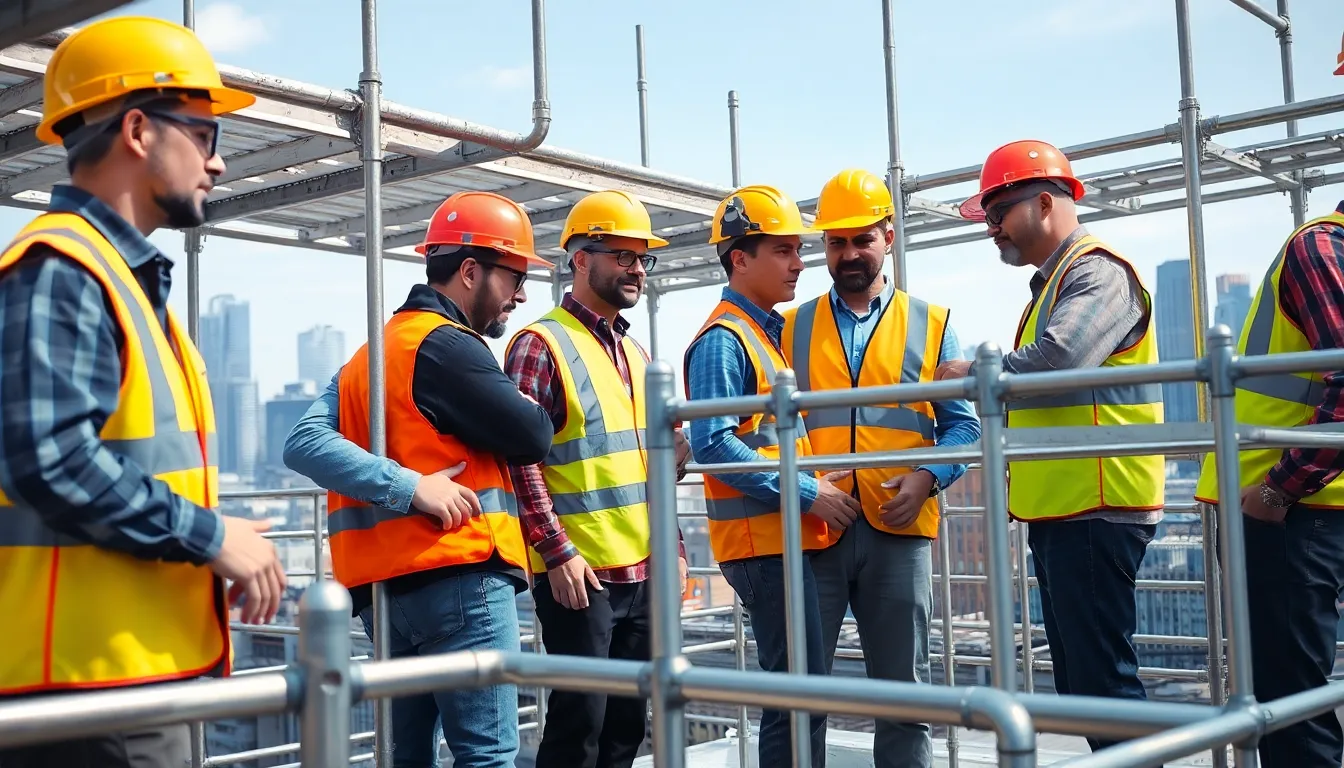 construction workers assembling metal tech scaffolding on a job site.