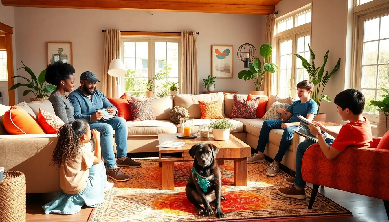 a family exploring furniture options in a cozy living room at home.