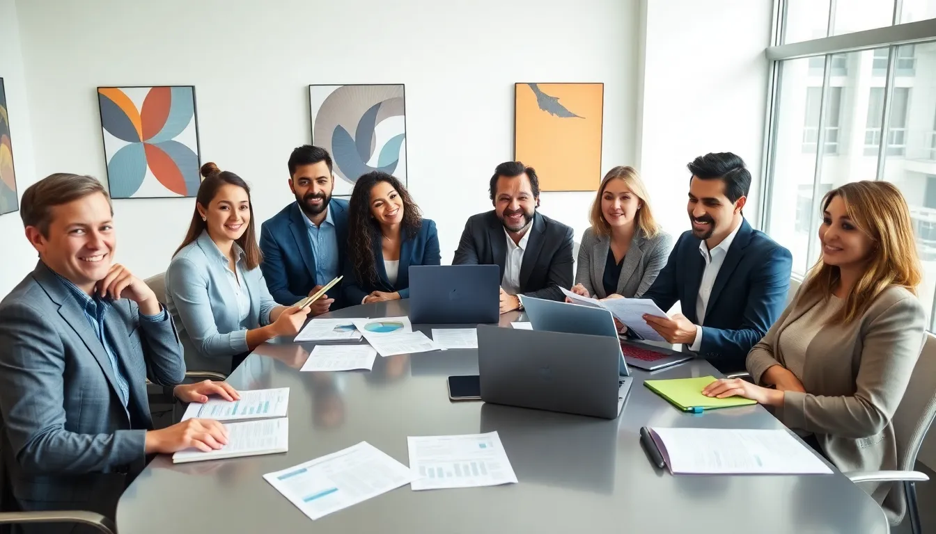 diverse professionals discussing opinion pieces in a modern office.