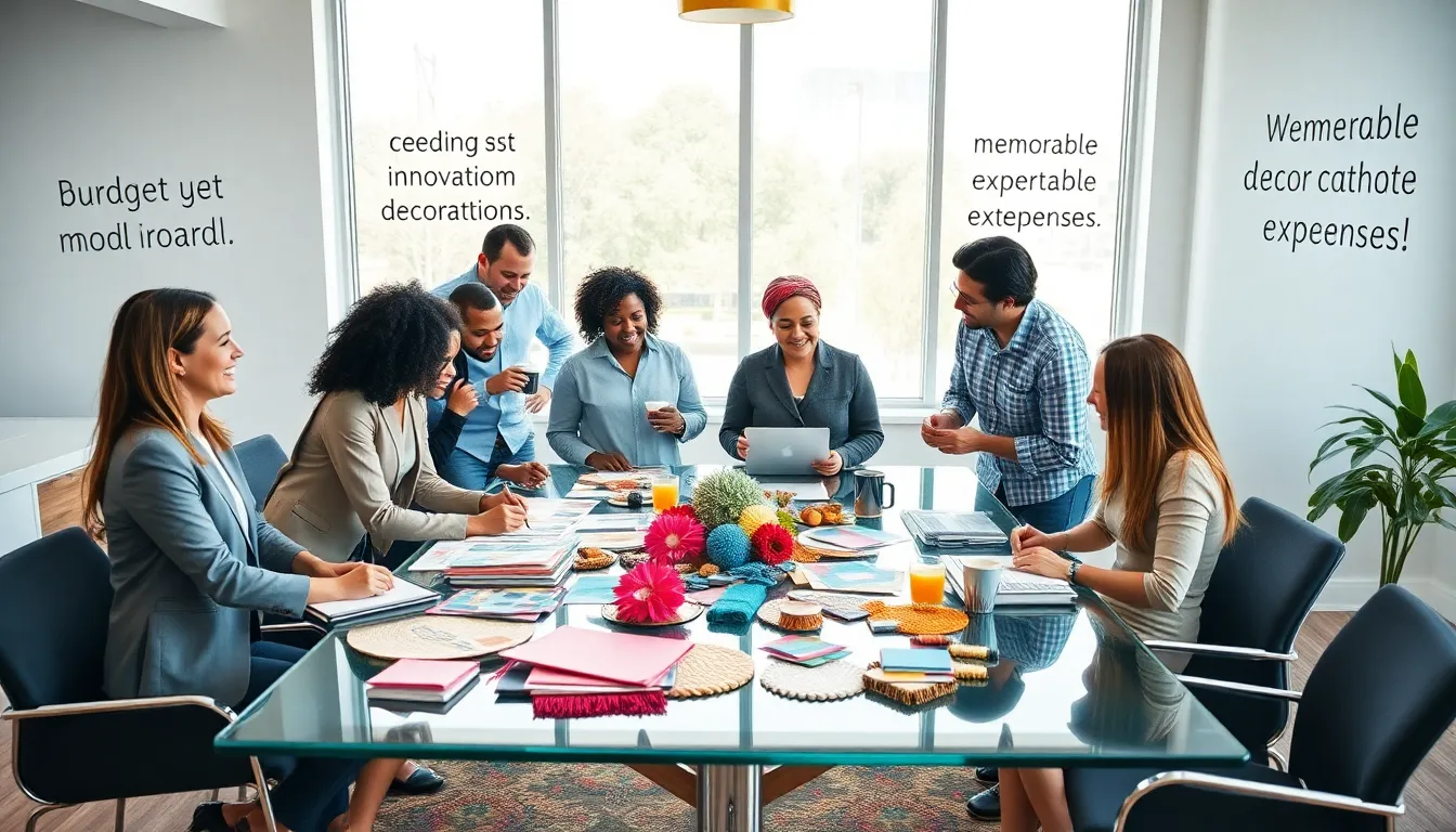diverse team collaborating in a creative event planning office.