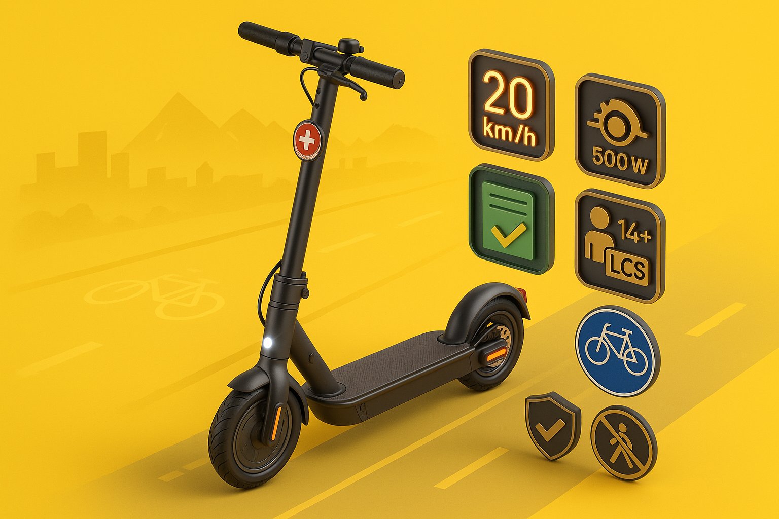 Road-legal electric scooter with Swiss approval and safety requirements.