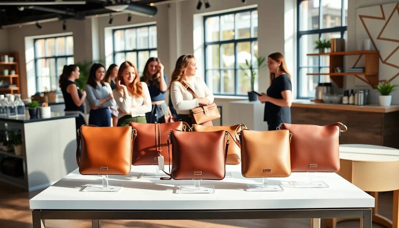 Leather crossbody bags displayed in a modern boutique with women in stylish outfits.