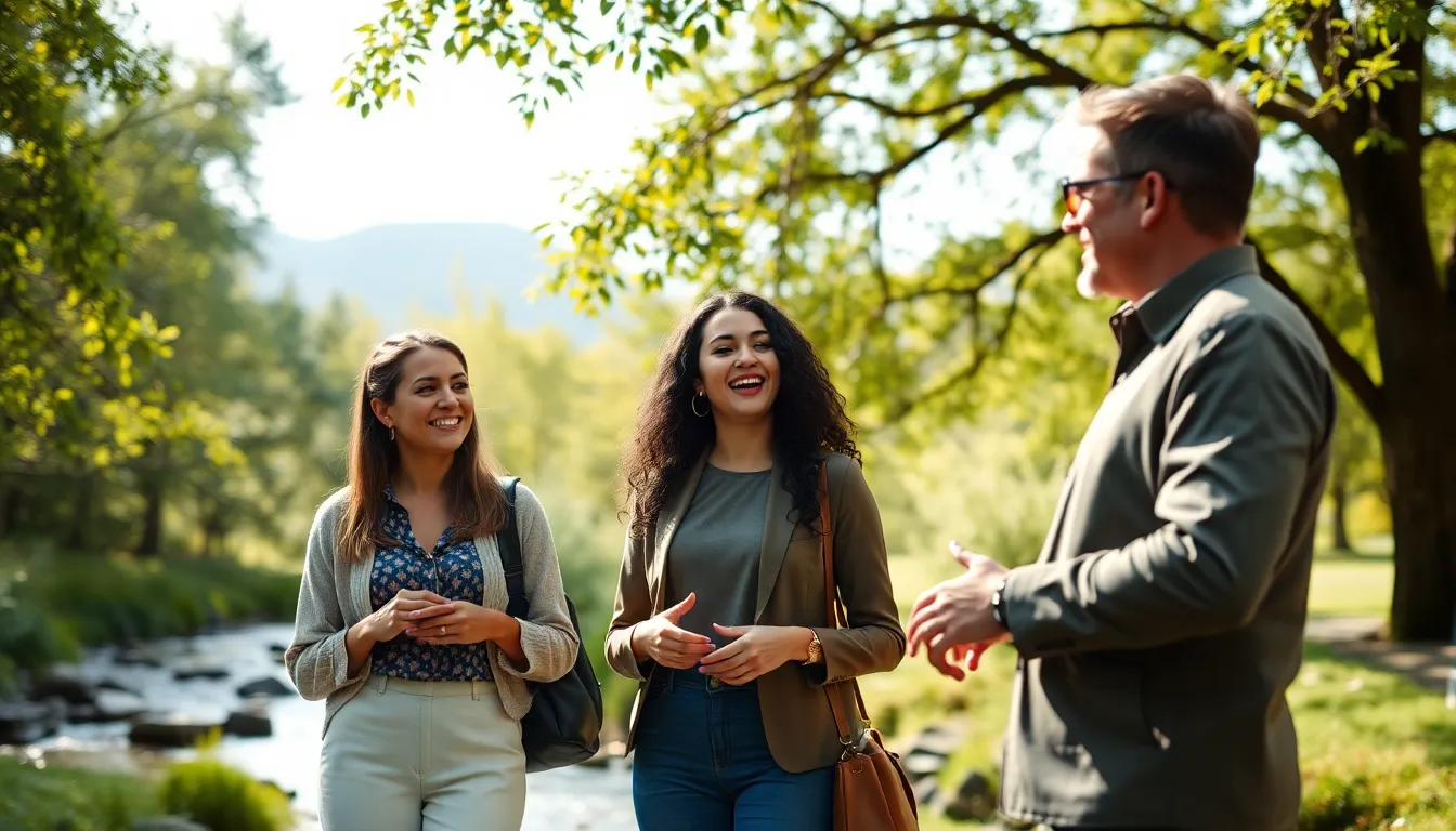 diverse group discussing self-discovery in a serene outdoor setting.