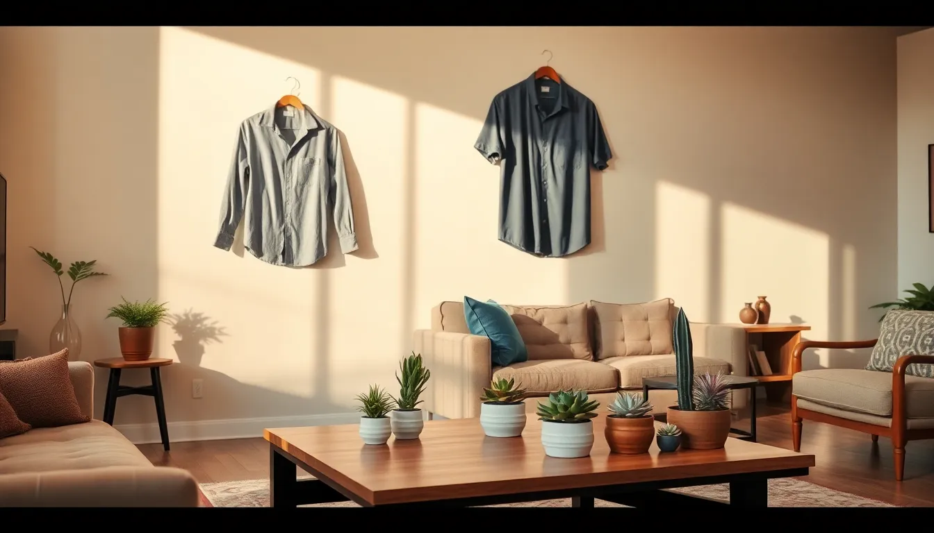 creative living room with repurposed shirt decoration and thrifted furniture.