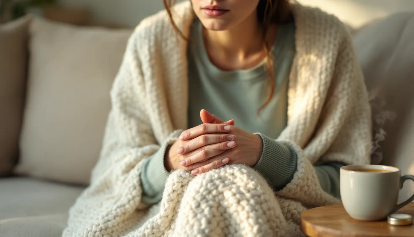 Woman with dry, cracked hands wrapped in a blanket on a cozy couch.